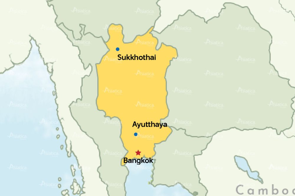 carte de la Thaïlande centrale avec les villes Bangkok, Ayutthaya et Sukhothai