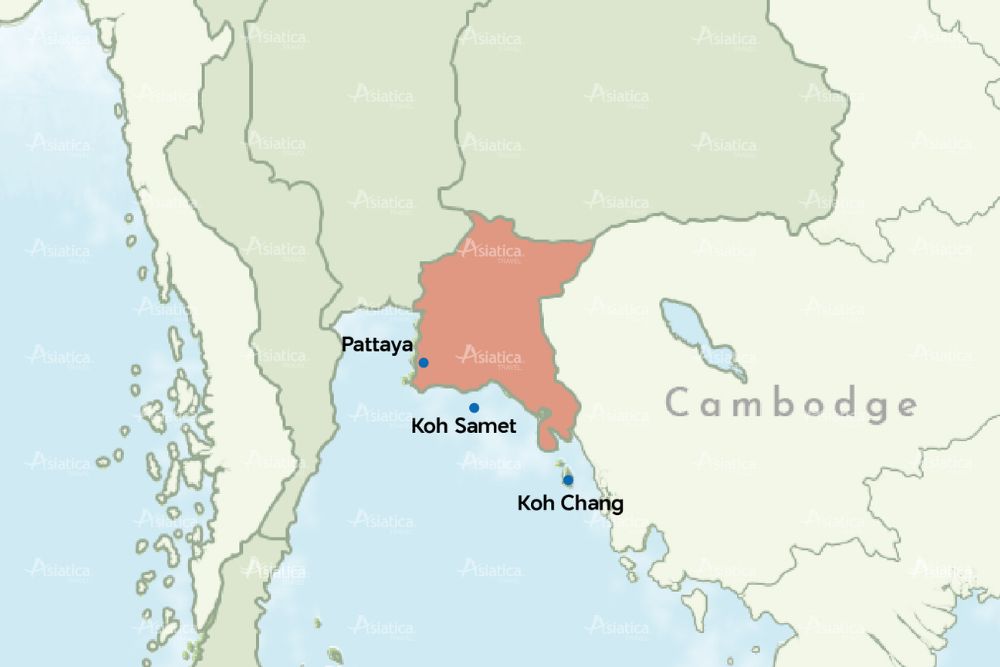 carte de la Thaïlande de l'Est avec les îles Koh Samet, Koh Chang, et la station balnéaire Pattaya