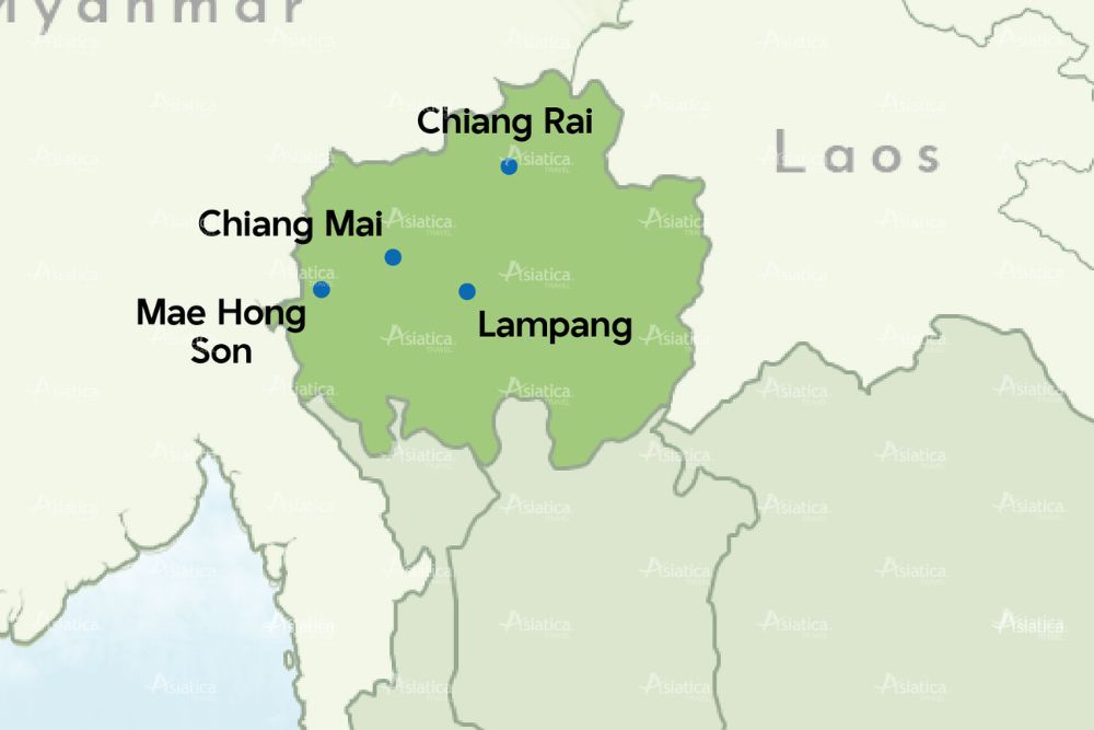carte de la Thaïlande du Nord avec les villes Chiang Rai, Chiang Mai, Mae Hong Son et Lampang