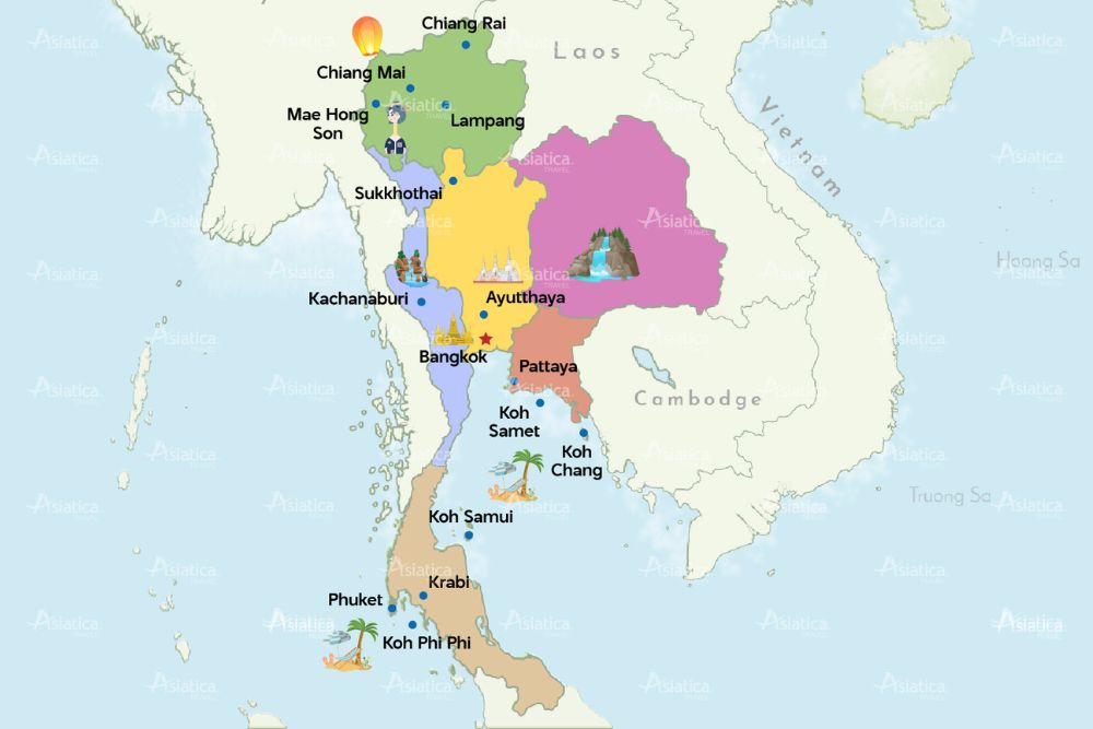 carte de la Thaïlande en 6 régions avec les villes touristiques principales