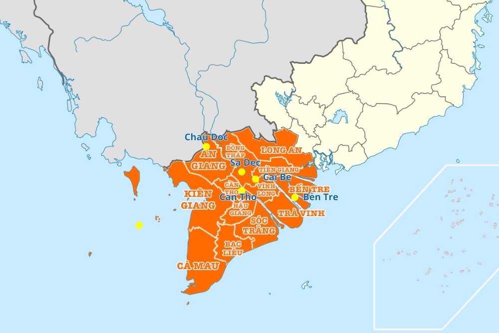 carte vietnam sud, delta du Mékong