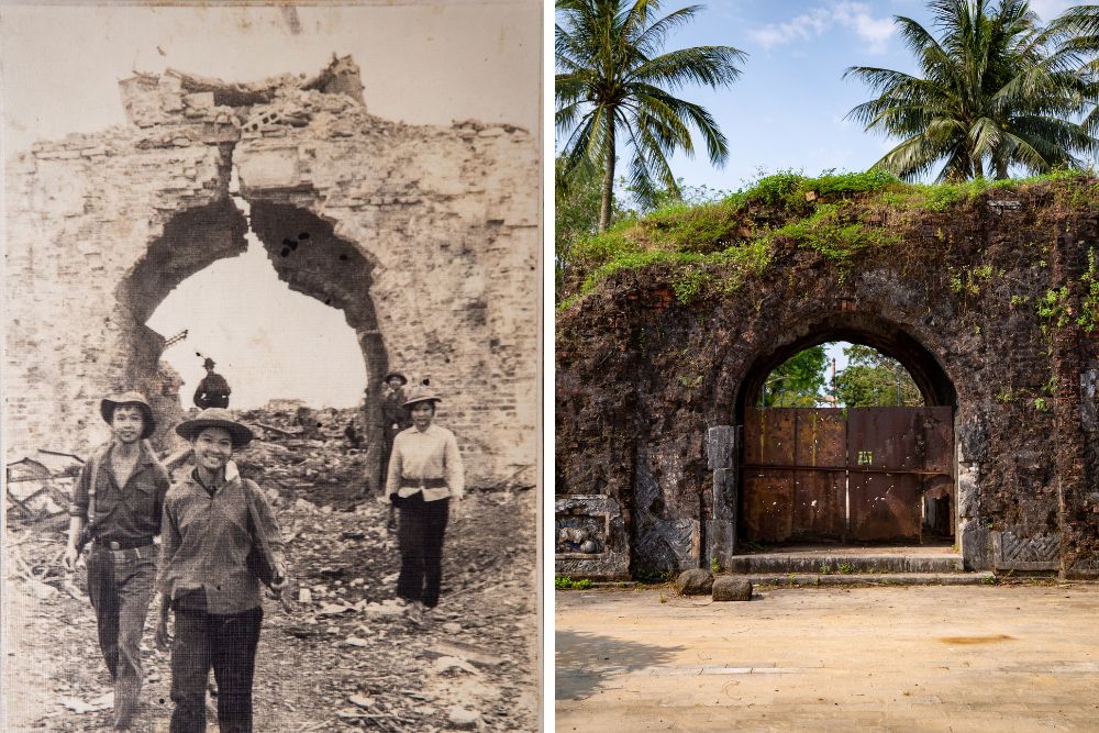 dmz vietnam, zone vietnamienne démilitarisée, quang tri, citadelle de quang tri, porte de la citadelle de quang tri, citadelle quang tri en ruines après la bataille et aujourd'hui