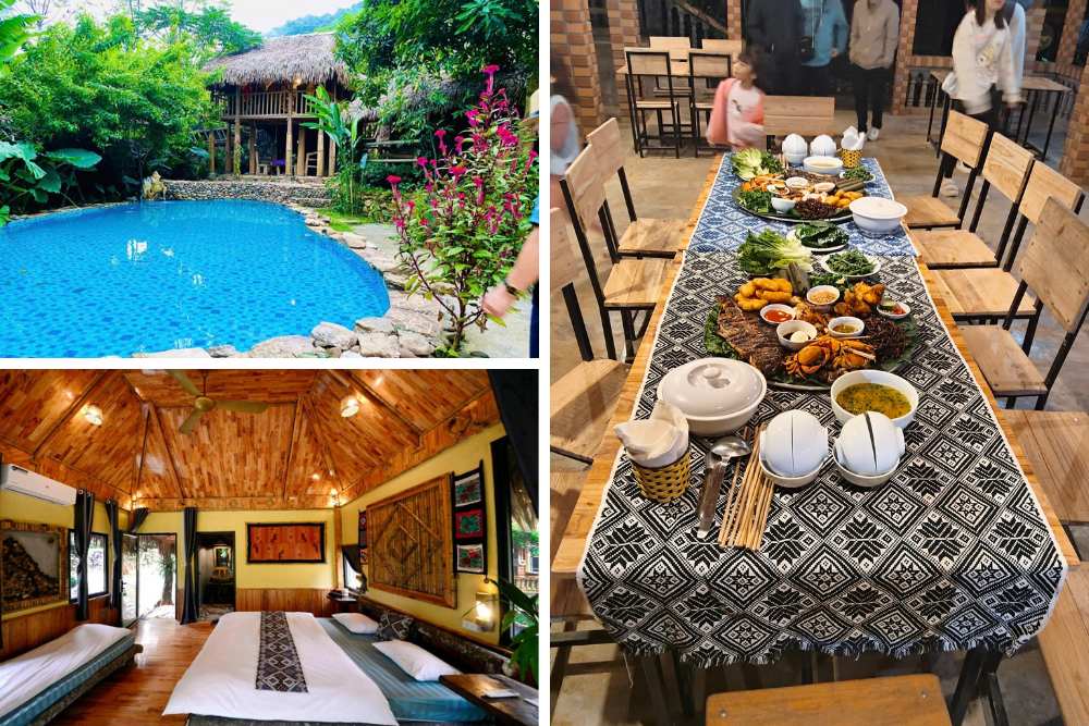 Espace piscine, chambres et repas au Duan Thao Homestay à Mai Hich, Mai Chau