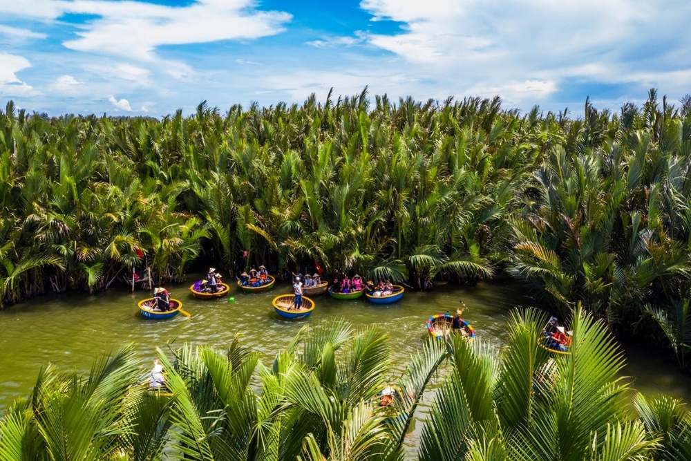 Un coin de la forêt de cocotiers de Cam Thanh avec des bateaux-paniers transportant des touristes vus d'en haut