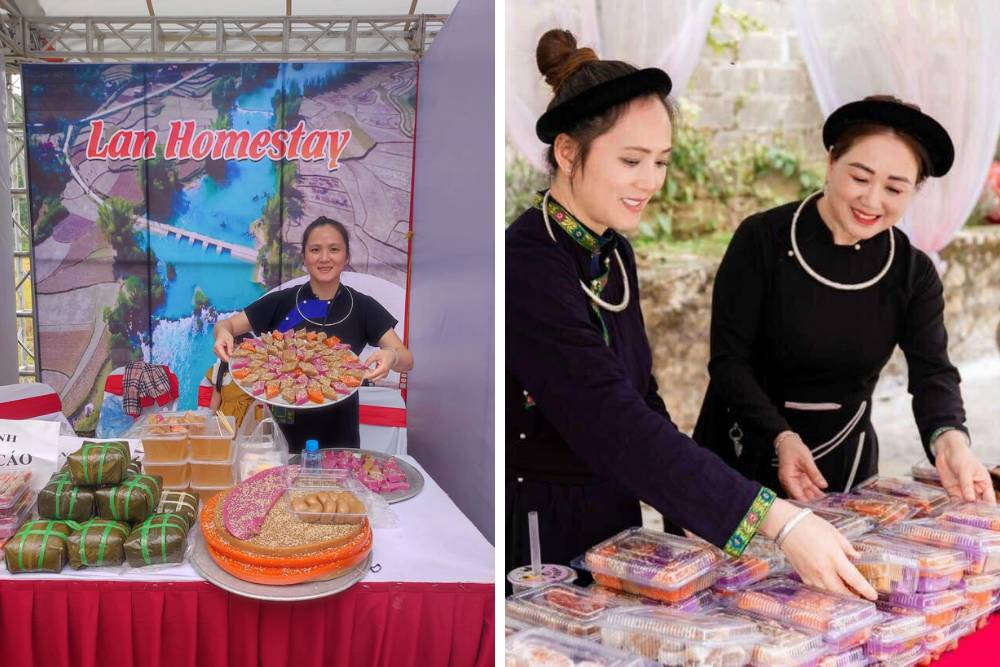 Mme Lan, propriétaire de Lan's Homestay, présente les gâteaux traditionnels du groupe ethnique Tay.