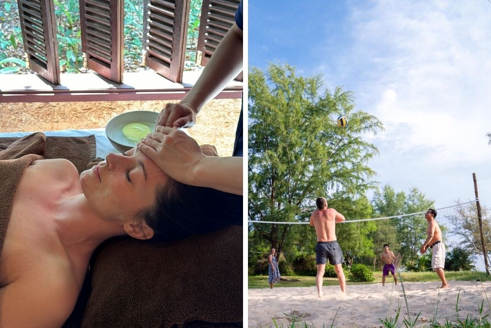 Des touristes profitent d'un massage et jouent au volley-ball sur la plage du Mango Bay Resort à Phu Quoc.