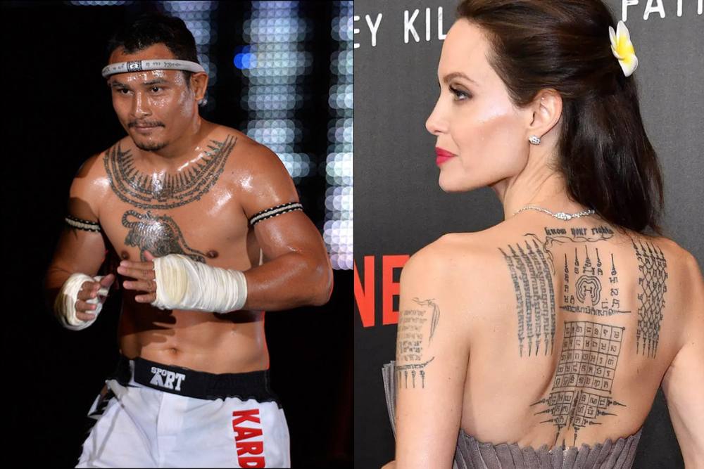célébrités avec les tatouages thaïlandais sak yant, Combattant de Muay Thai Saiyok Pumpanmuang à gauche et actrice de Hollywood Angelina Jolie à droite