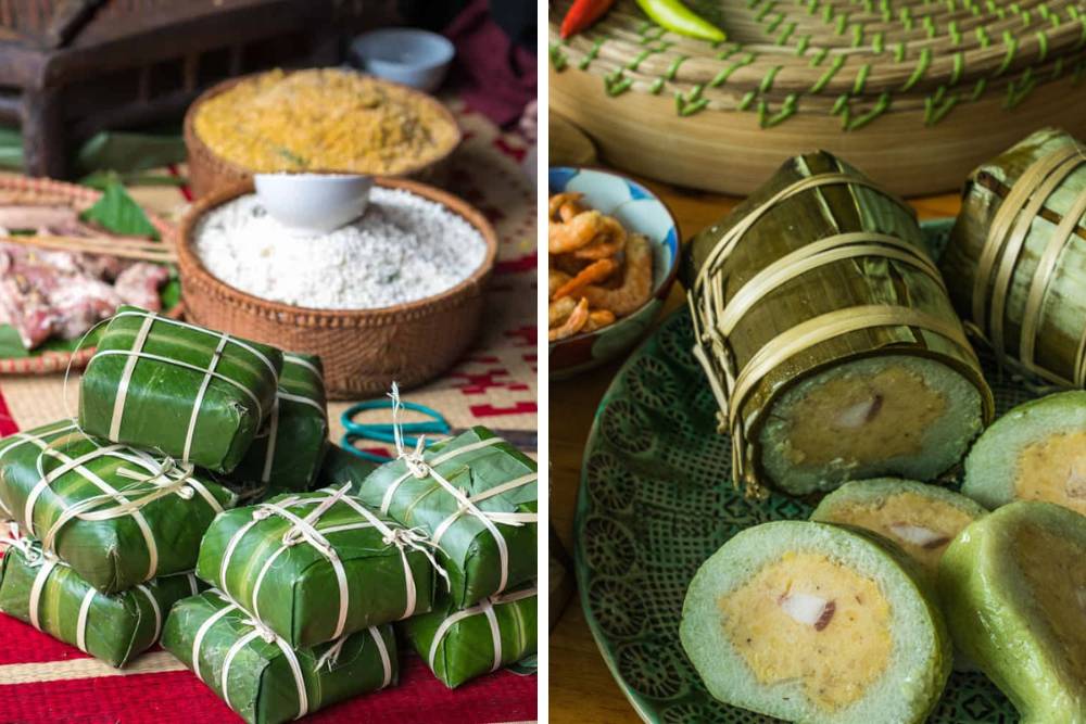 les gâteaux de riz carré Banh Chung du Nord à gauche et les Banh Tet du Sud à droite