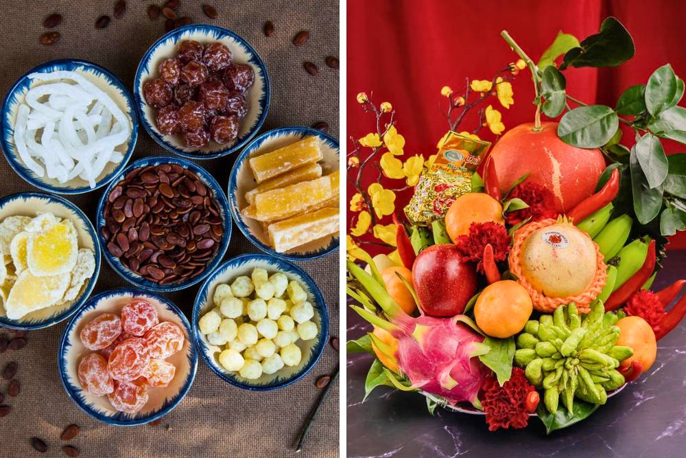 les confiseries vietnamiennes à gauche et le plateau aux cinq fruits à droite