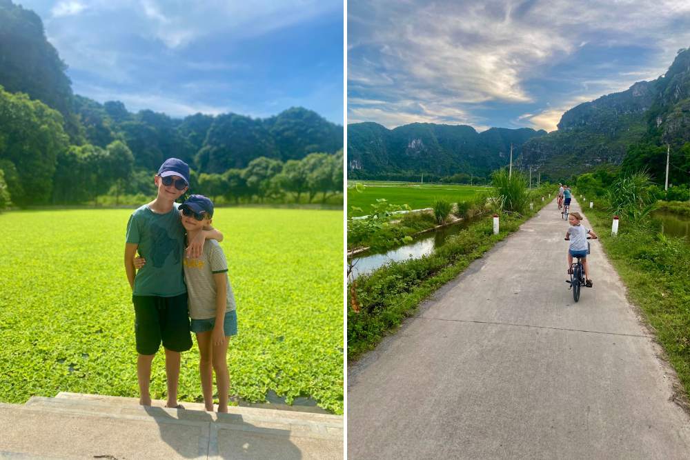 famille faisant du vélo au milieu du paysage verdoyant à Ninh Binh au Vietnam en août