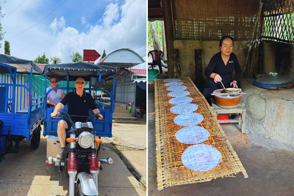 voyageurs visitent un atelier de fabrication de galette de riz dans le Delta du Mékong en tuk tuk