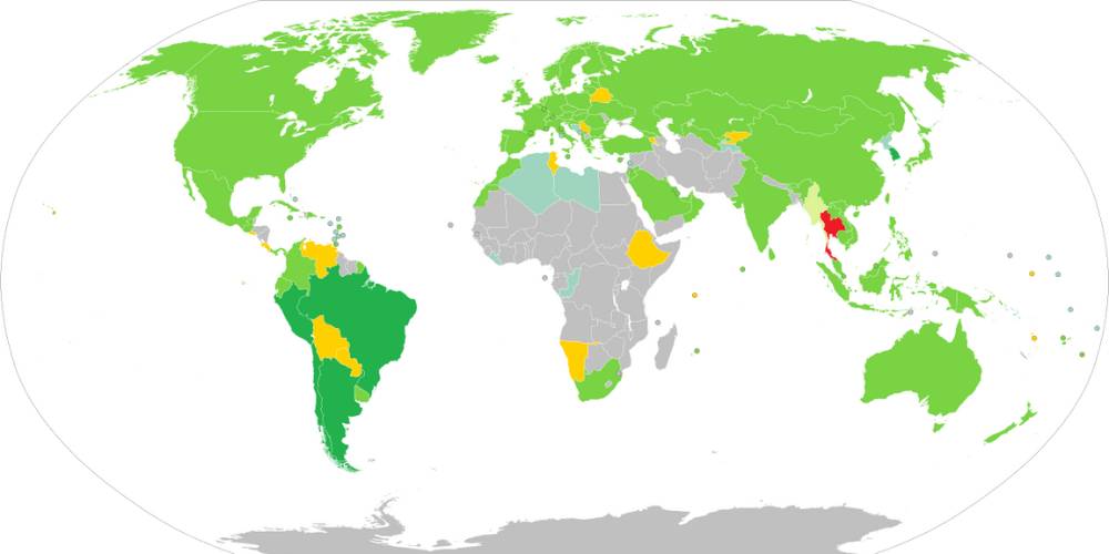 carte des pays et territoires exemptés de visa pour le Thaïlande